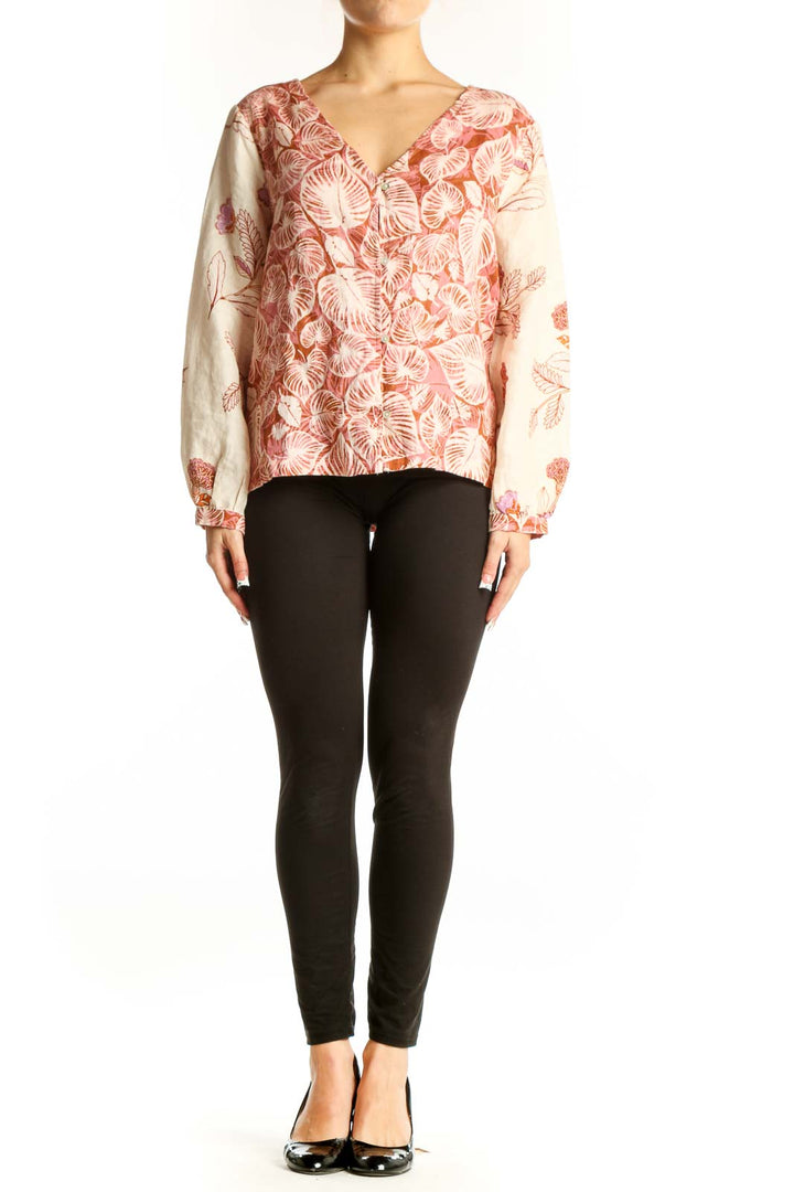 Front view of Tahari pink floral linen blouse with V-neckline