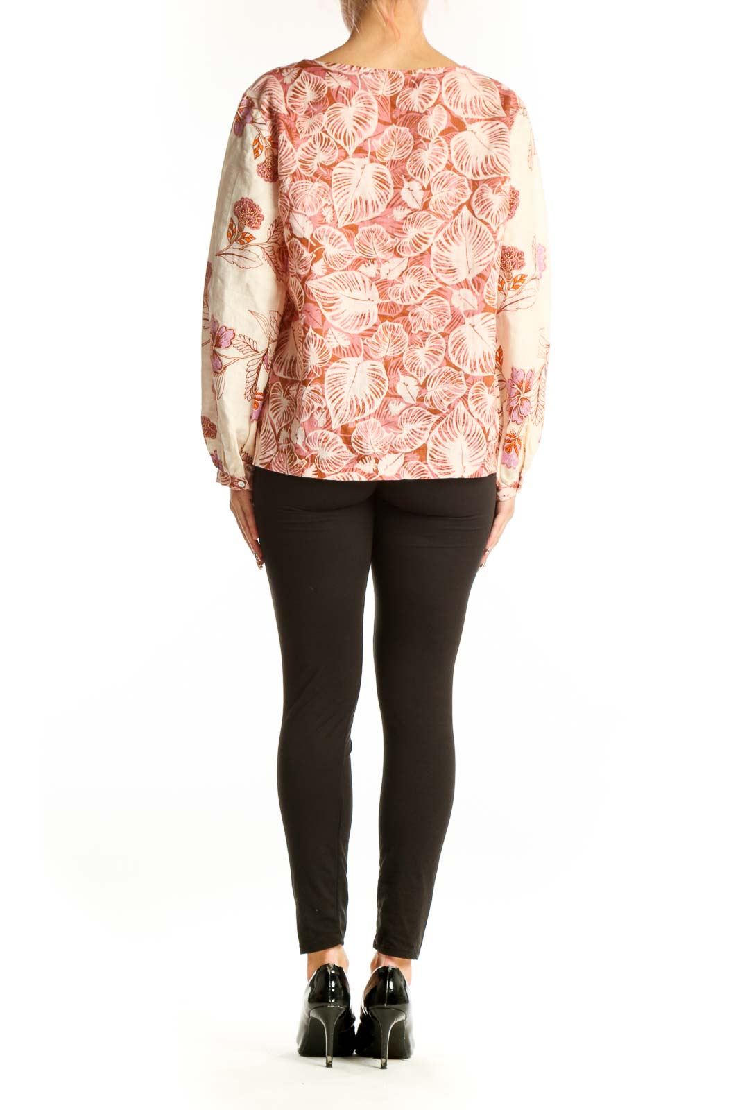 Back view of Tahari pink floral linen blouse showing full outfit