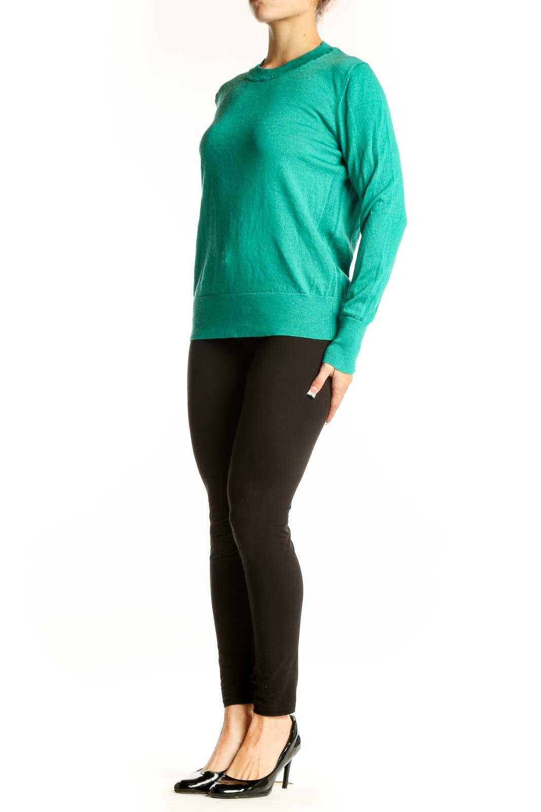 Front view of green Gap wool crewneck sweater on model