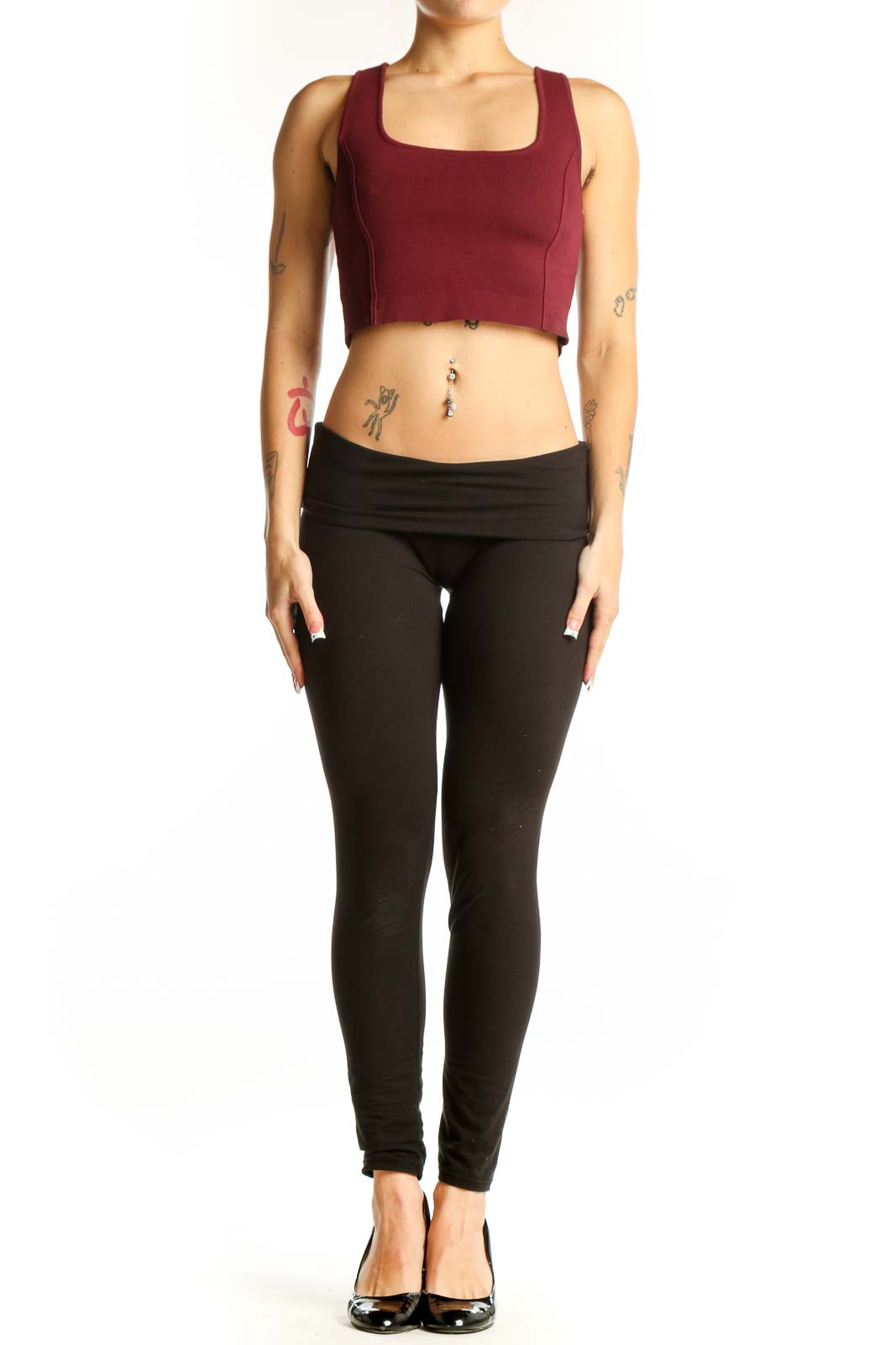 Front view of burgundy nylon crop top with square neckline