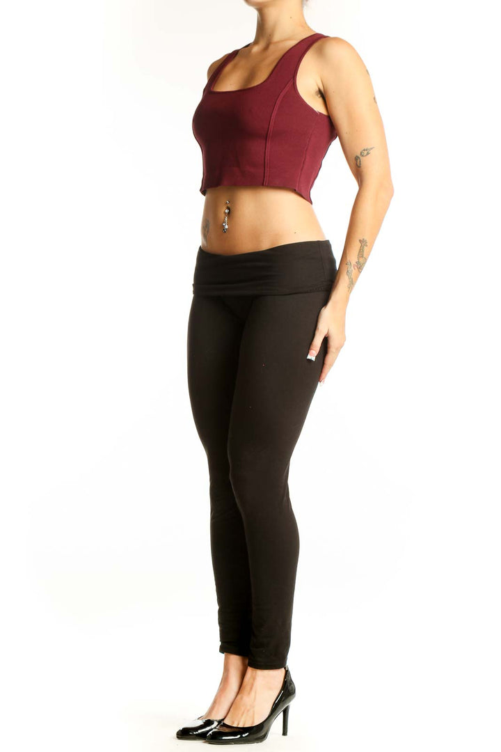 Front view of burgundy nylon crop top with square neckline
