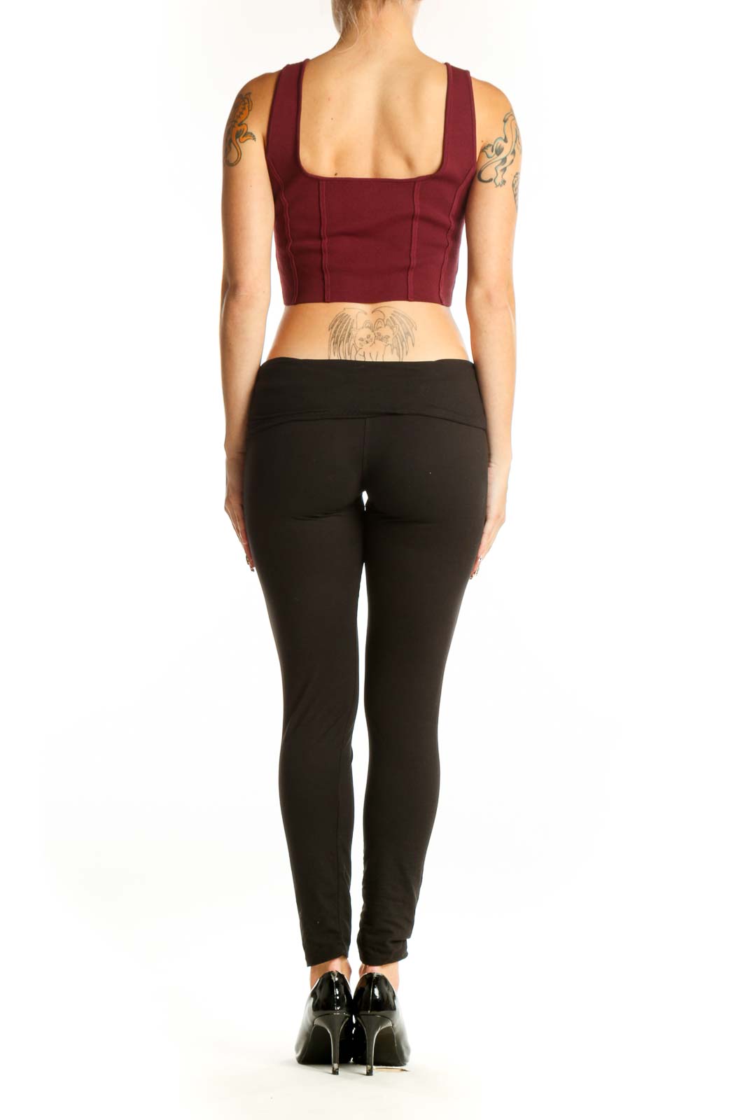 Back view of burgundy nylon crop top showing racerback design