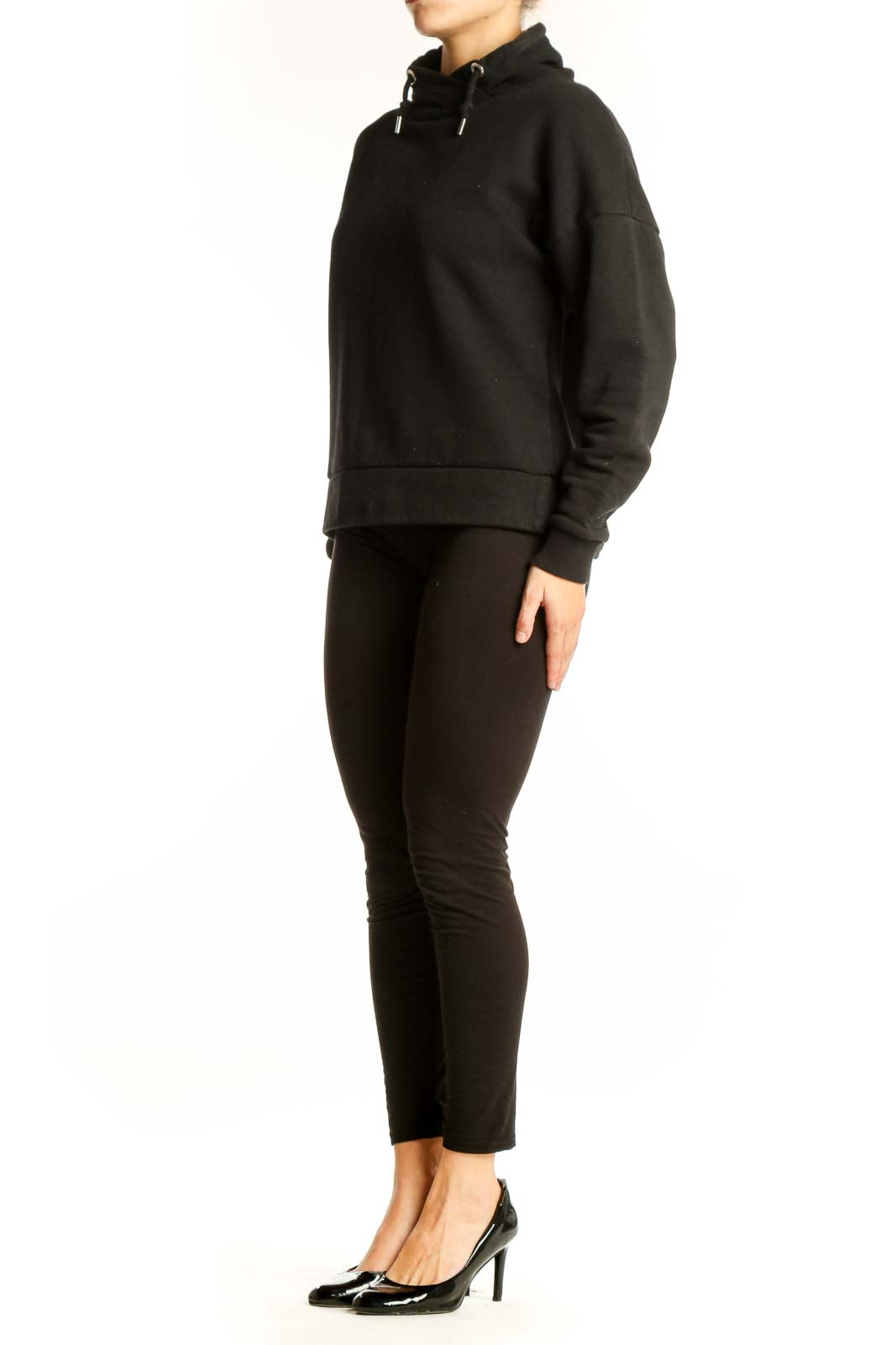 Front view of black cowl neck sweatshirt from Banana Republic