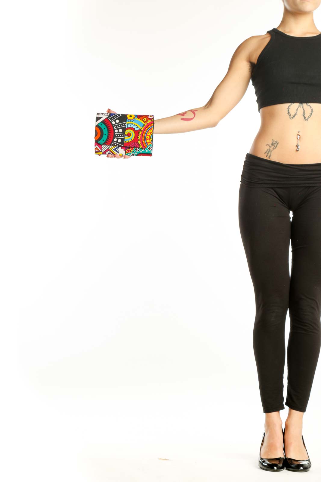 Front view of multicolor patterned clutch with artistic design