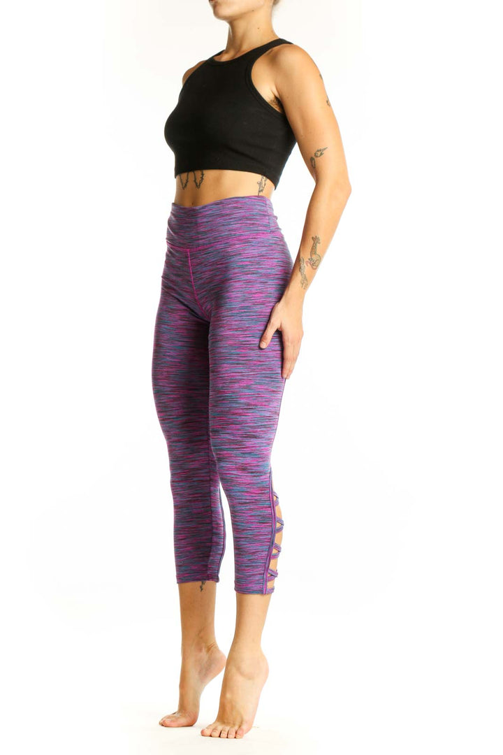 Front view of purple space-dyed Vogo capri leggings with high waist