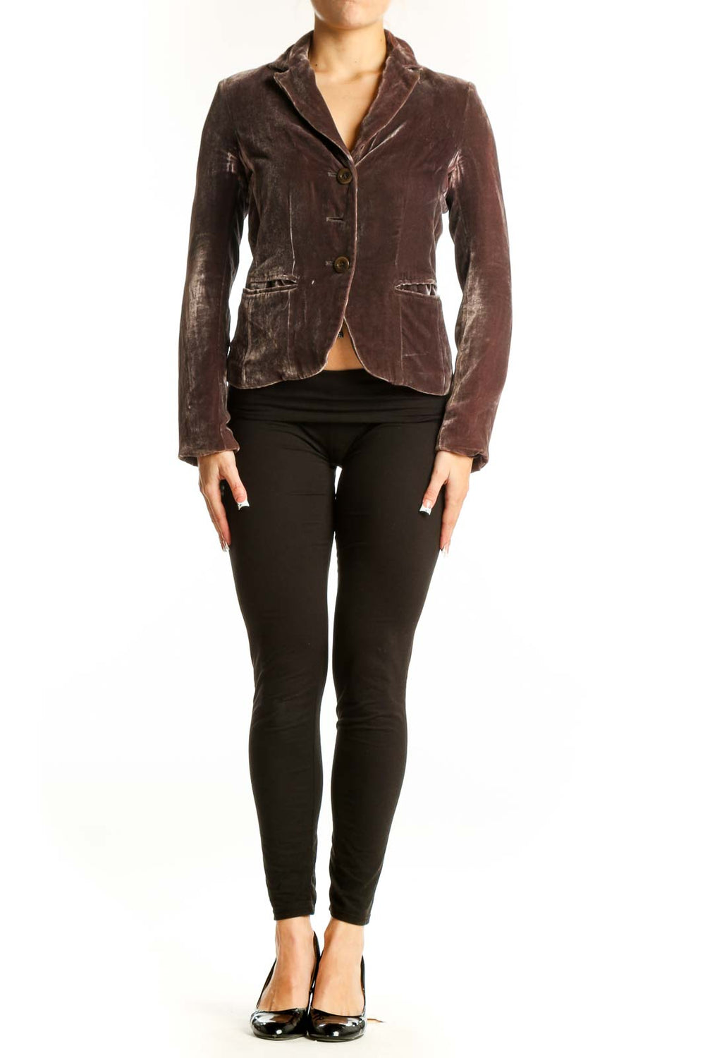Front view of Vince brown velvet blazer jacket