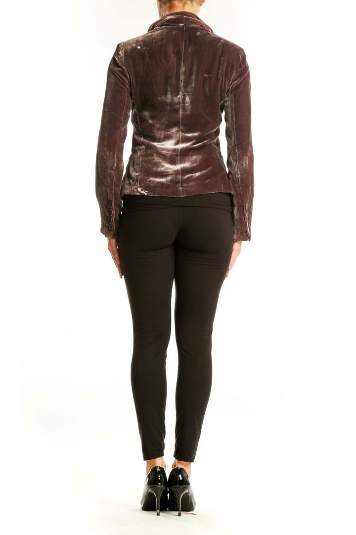 Back view of Vince brown velvet blazer jacket on model