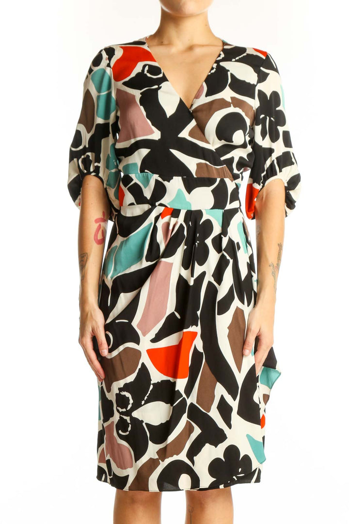 Front view of Diane von Furstenberg multicolor abstract floral wrap dress