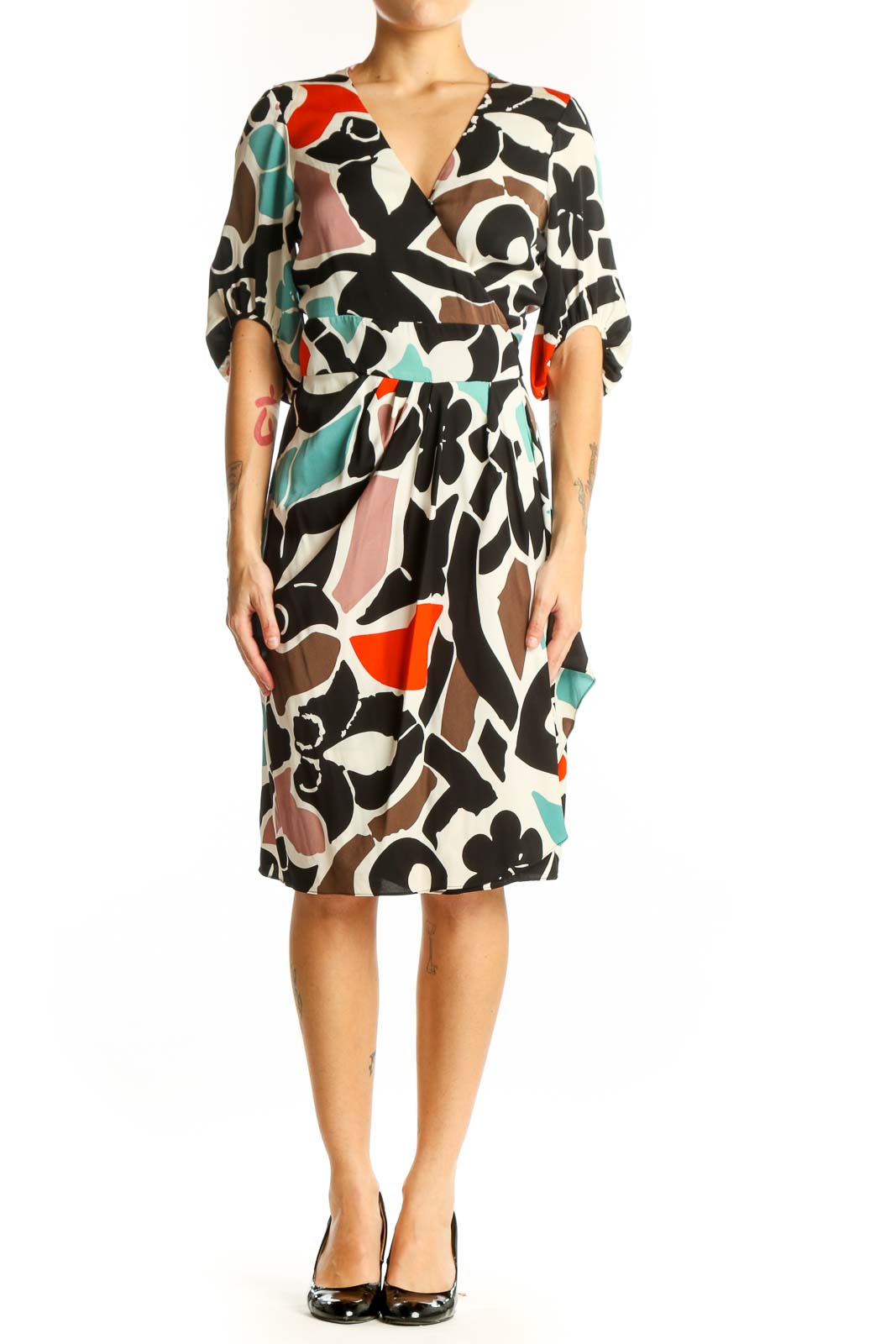 Front view of Diane von Furstenberg multicolor abstract floral wrap dress