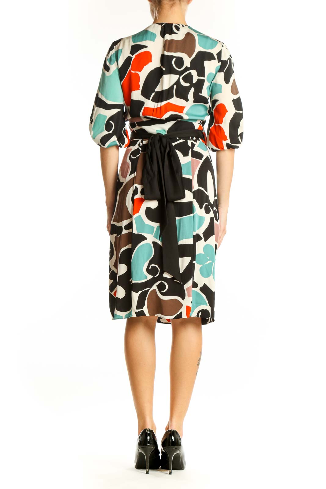 Side view of Diane von Furstenberg multicolor abstract floral wrap dress