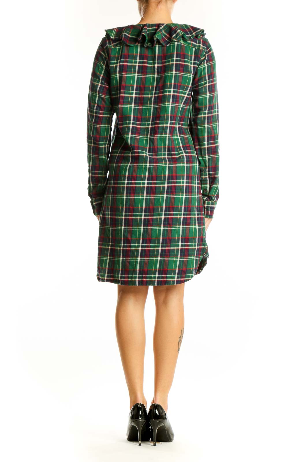 Side view of Ralph Lauren green plaid cotton shirt dress showing curved hemline