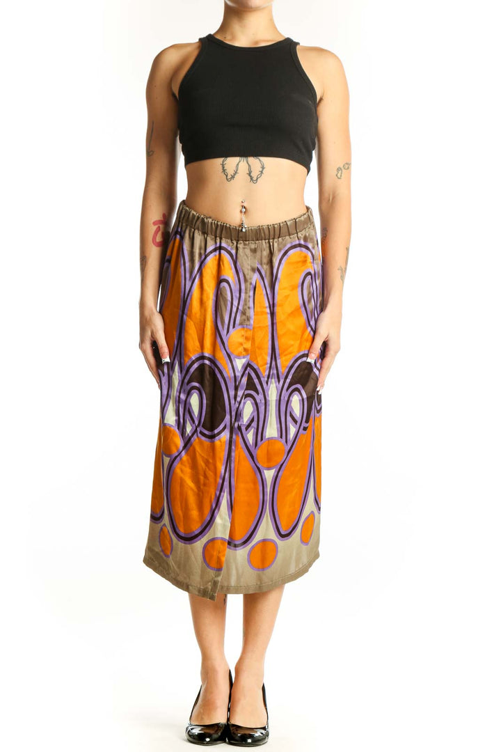 Front view of SilkRoll orange and purple abstract print silk midi skirt