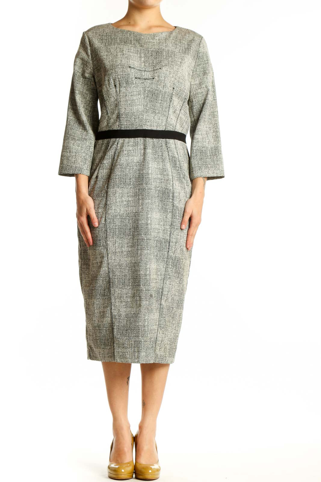 Gray Linen Midi Dress with Belt