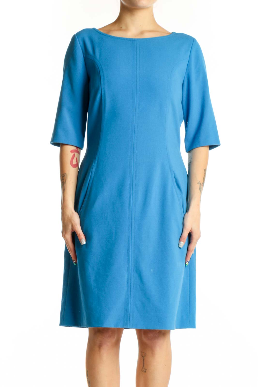 tahari arthur s levine blue dress Half Sleeve A-Line flaredress with a bejeweled Size:34 | XXXS JULIA ALLERT Modern Tailored Color:Dusty Blue