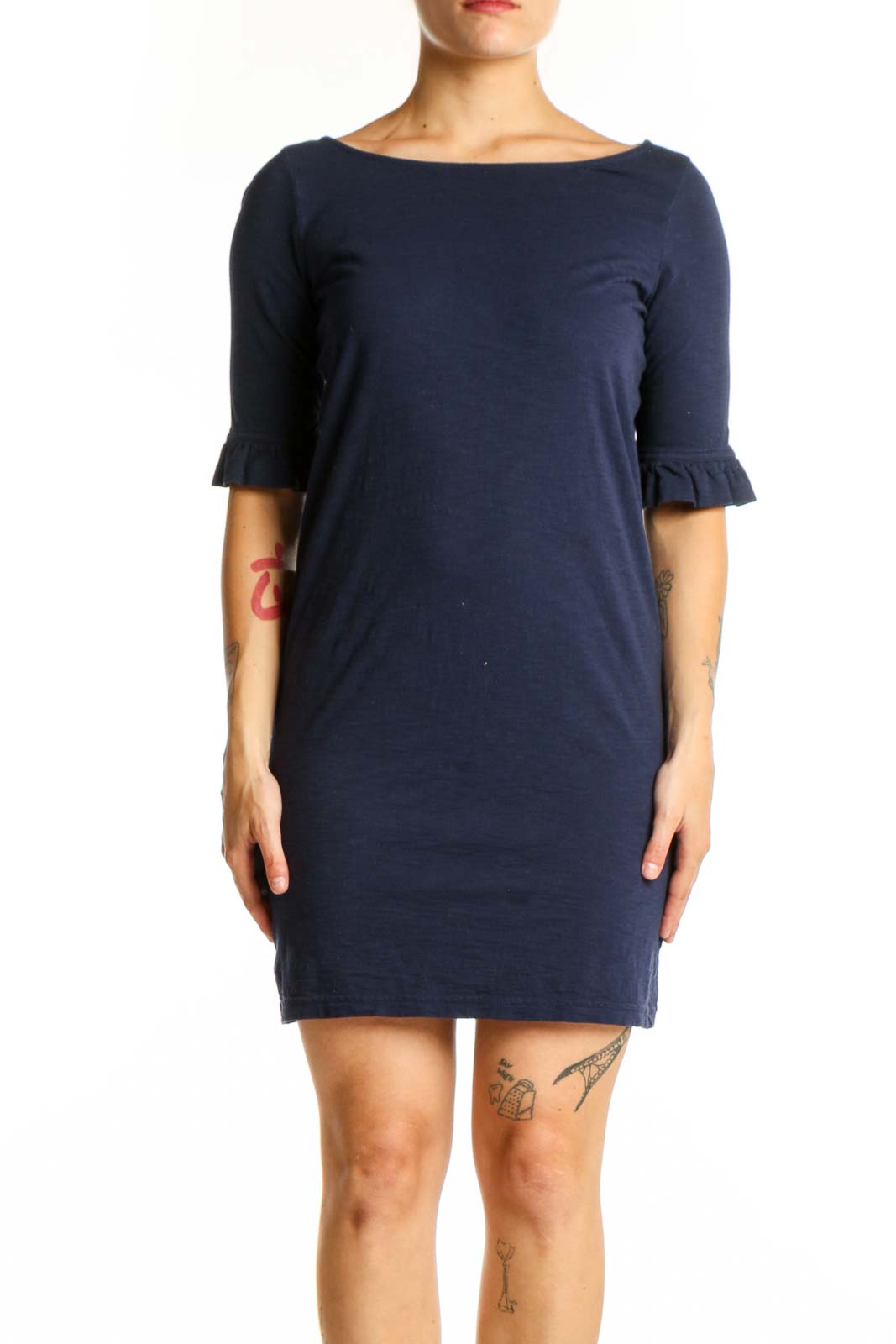Navy Pima Cotton Ruffle Sleeve Dress