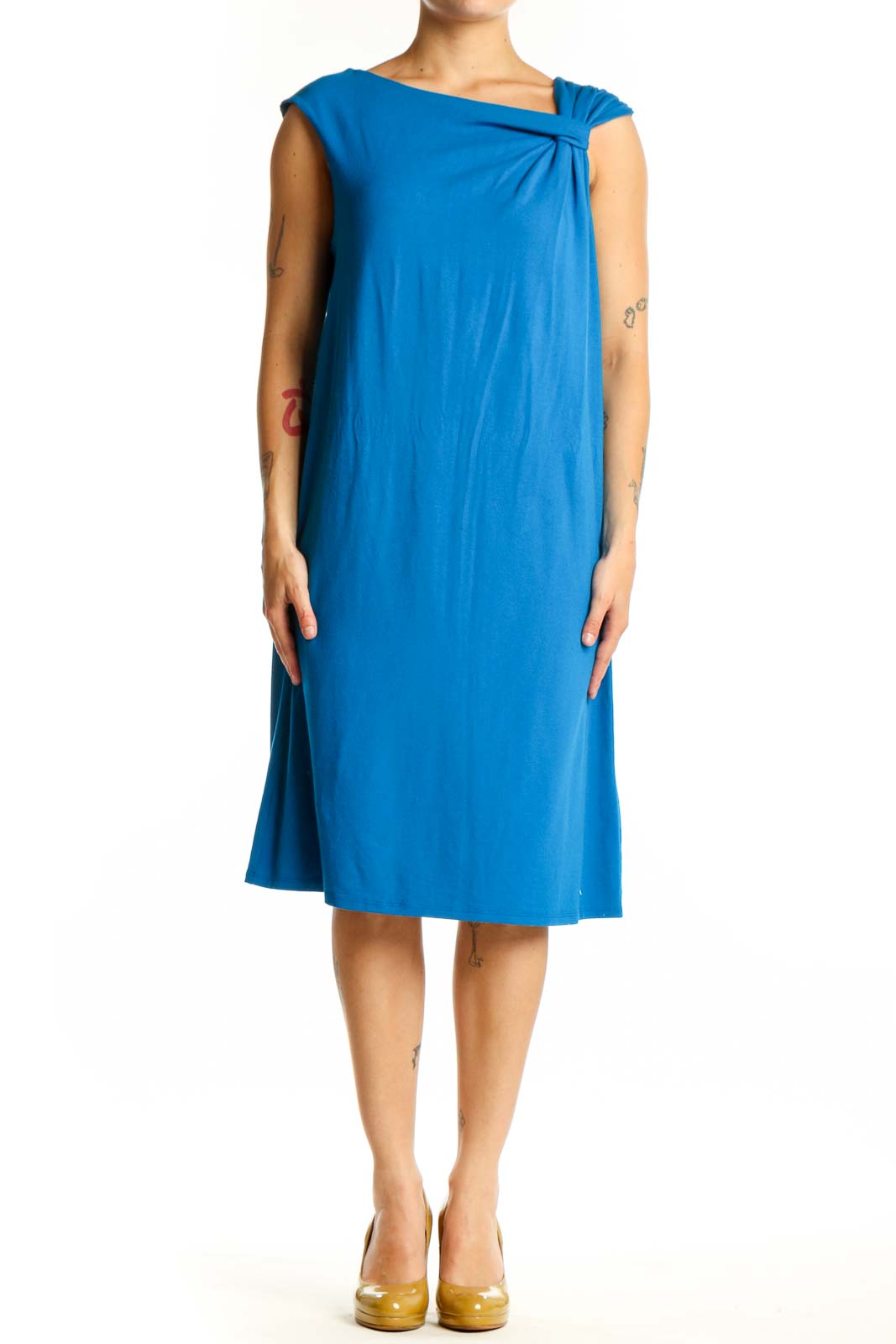 Blue Twisted Shoulder Shift Dress
