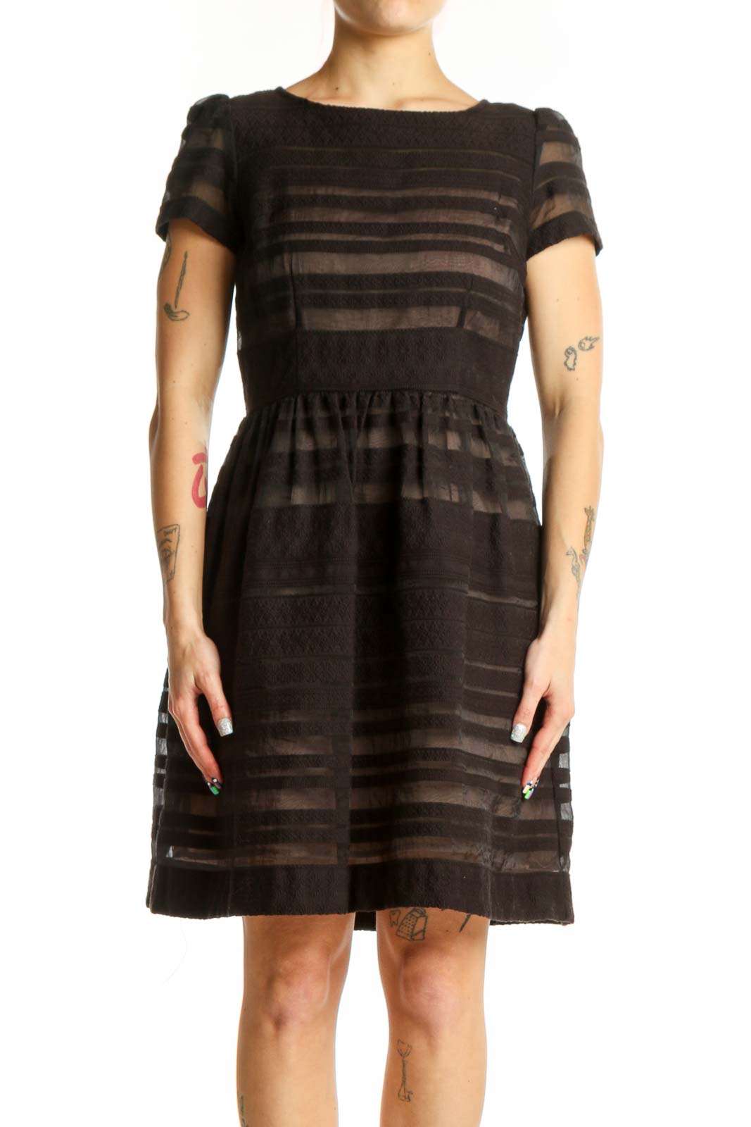 fit and flare dresses with short sleeves Karl Lagerfeld Paris Women's Floral Border Linen Puff-Sleeve Dress - Soft White Multi Short sleeves Investments Scuba Crepe Short Sleeve