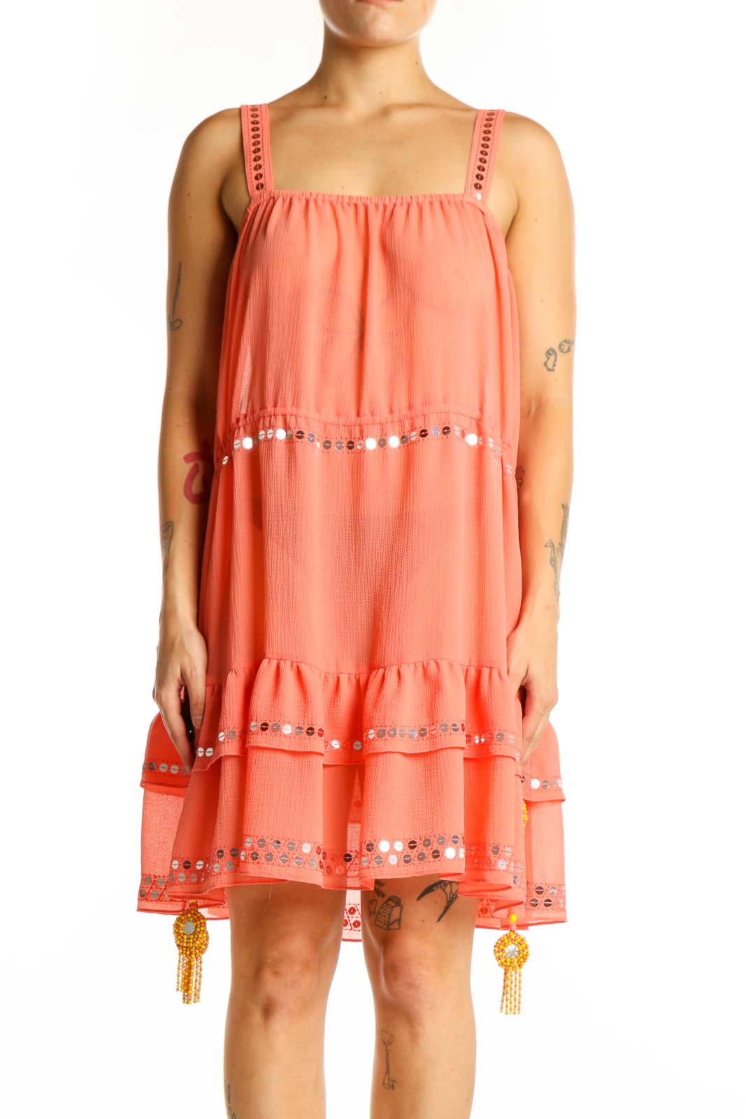 Coral Tiered Embellished Sleeveless Dress