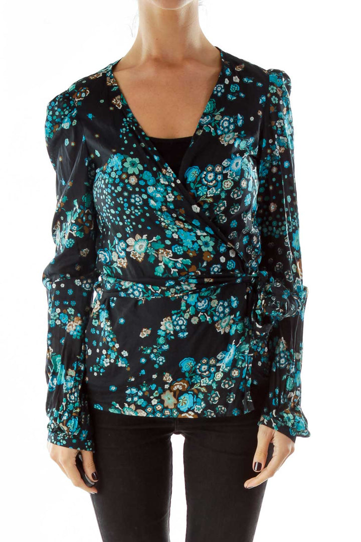 Black Floral Print Wrap Blouse