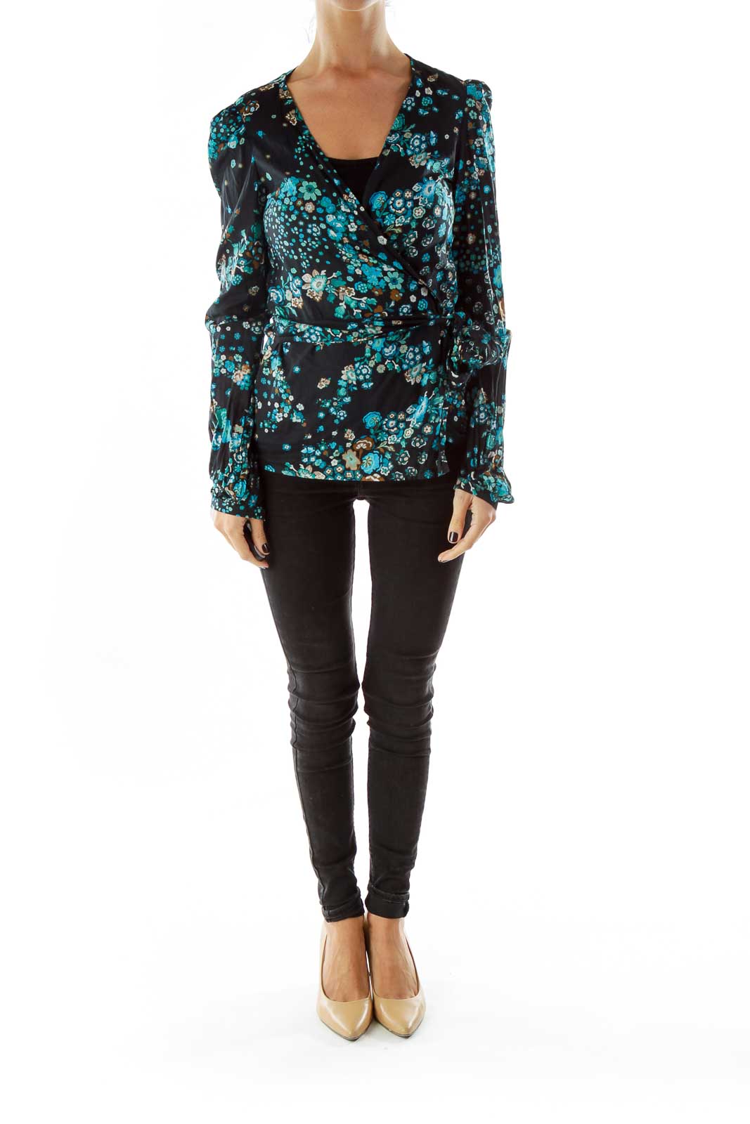 Black Floral Print Wrap Blouse