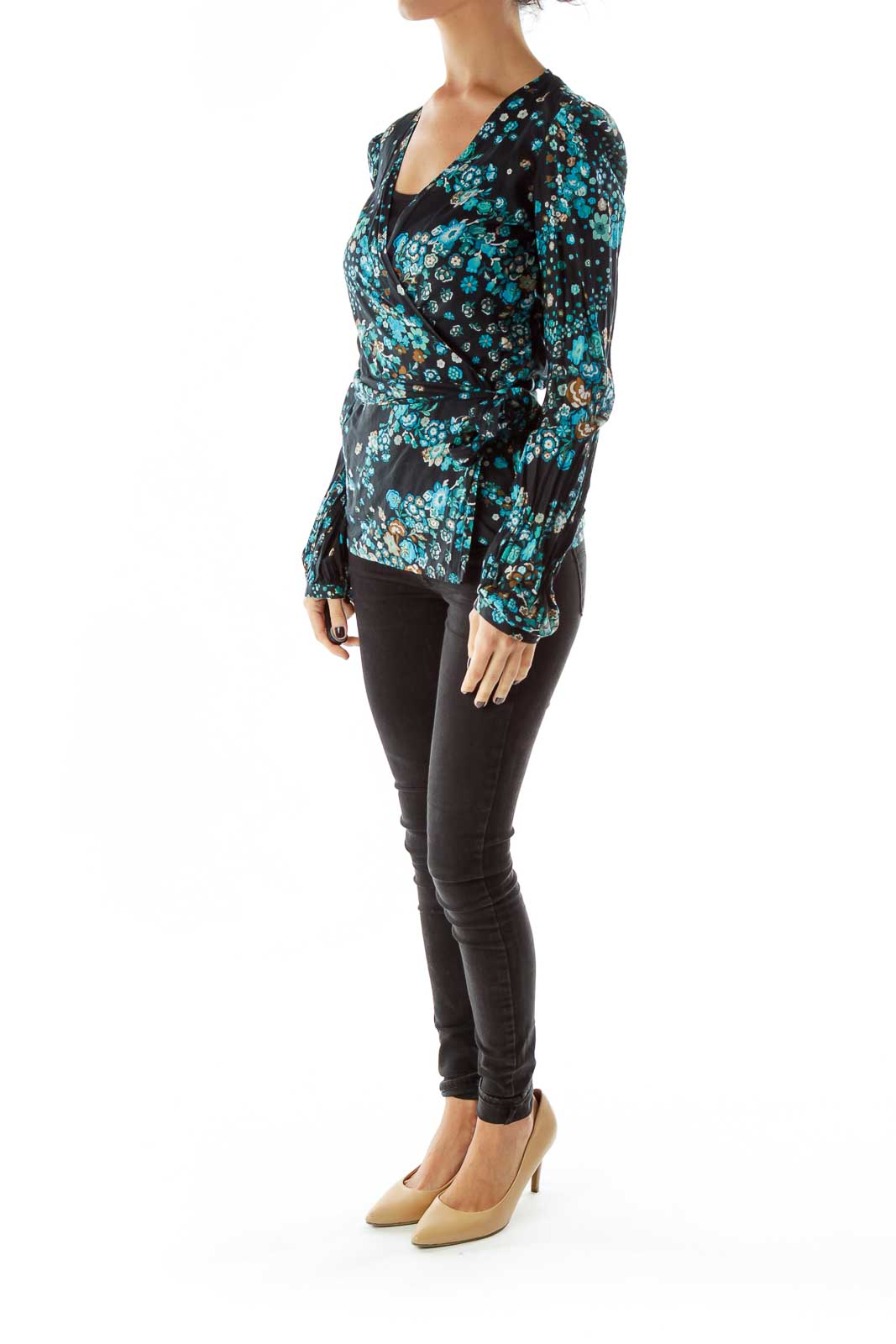 Black Floral Print Wrap Blouse