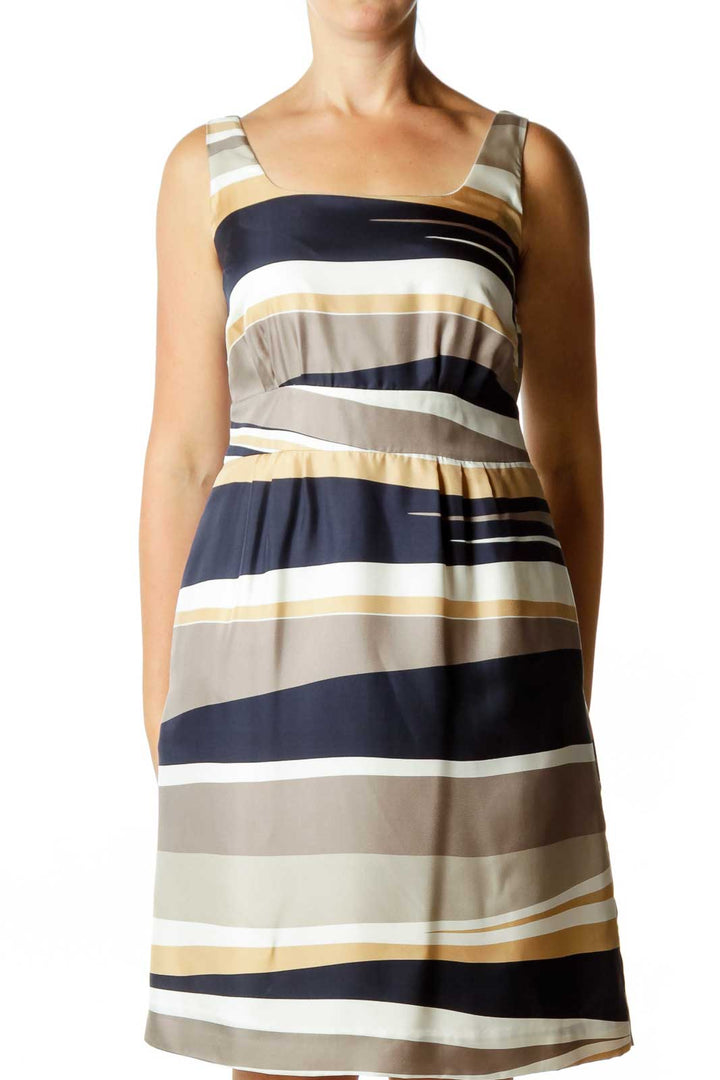 Brown Navy Satin Striped Dress