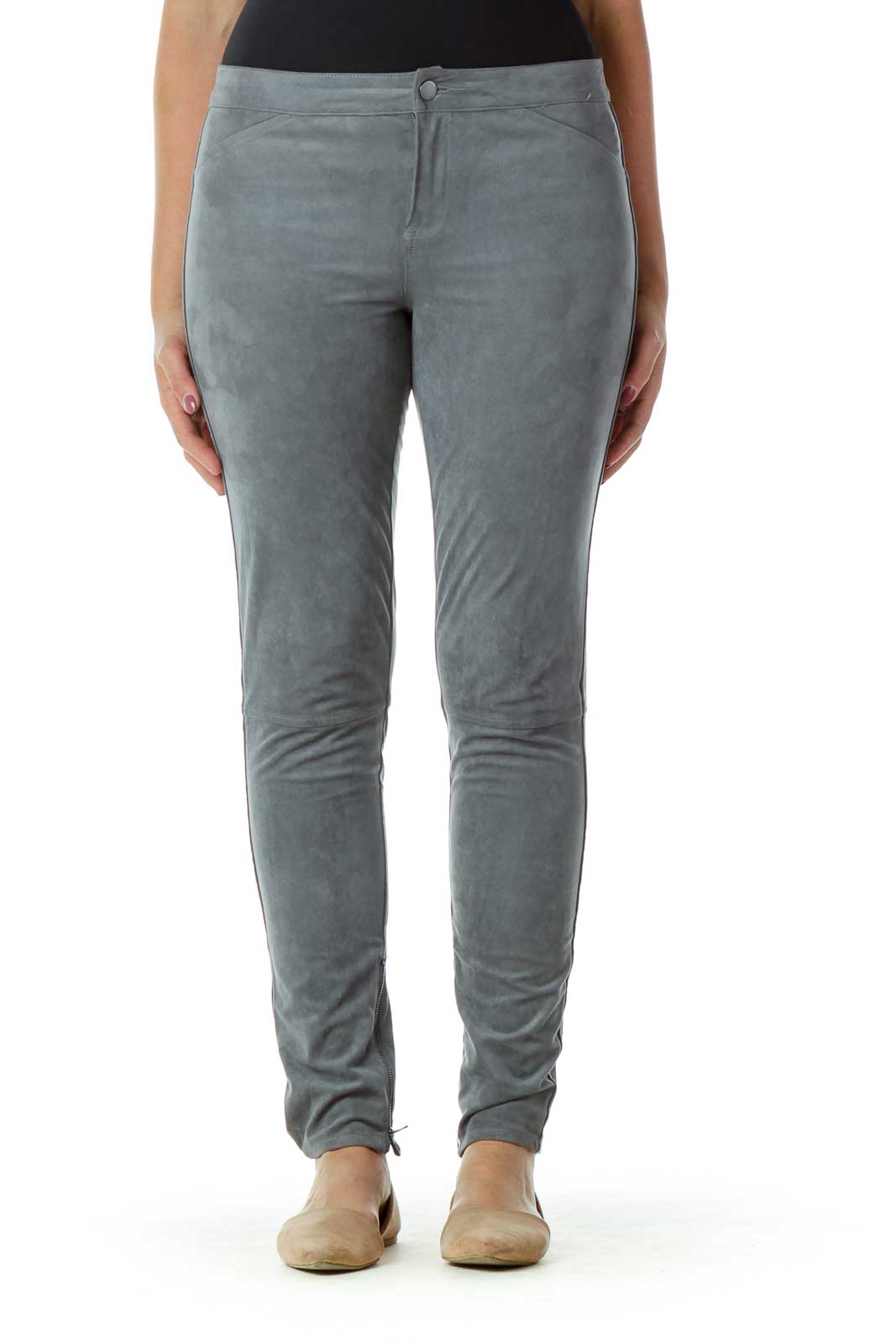 Gray Suede Skinny Zipper Leg Pants
