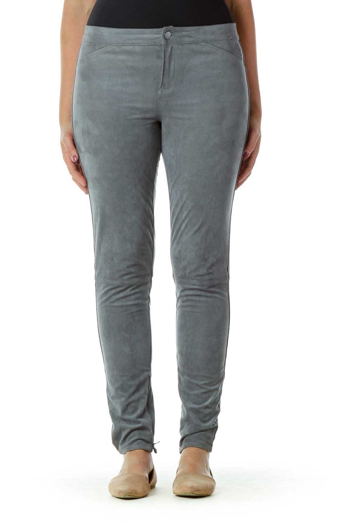 Gray Suede Skinny Zipper Leg Pants