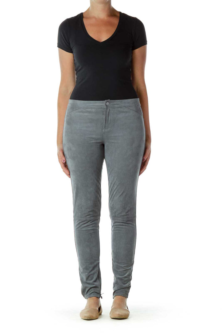Gray Suede Skinny Zipper Leg Pants