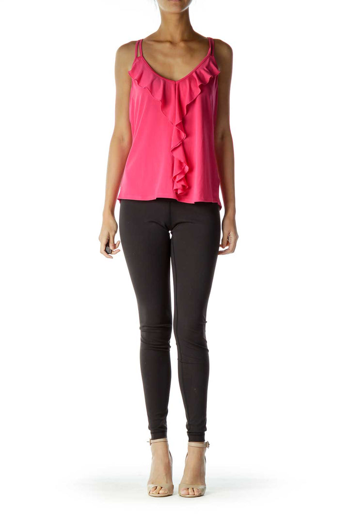 Pink Spaghetti-strap Ruffled Top