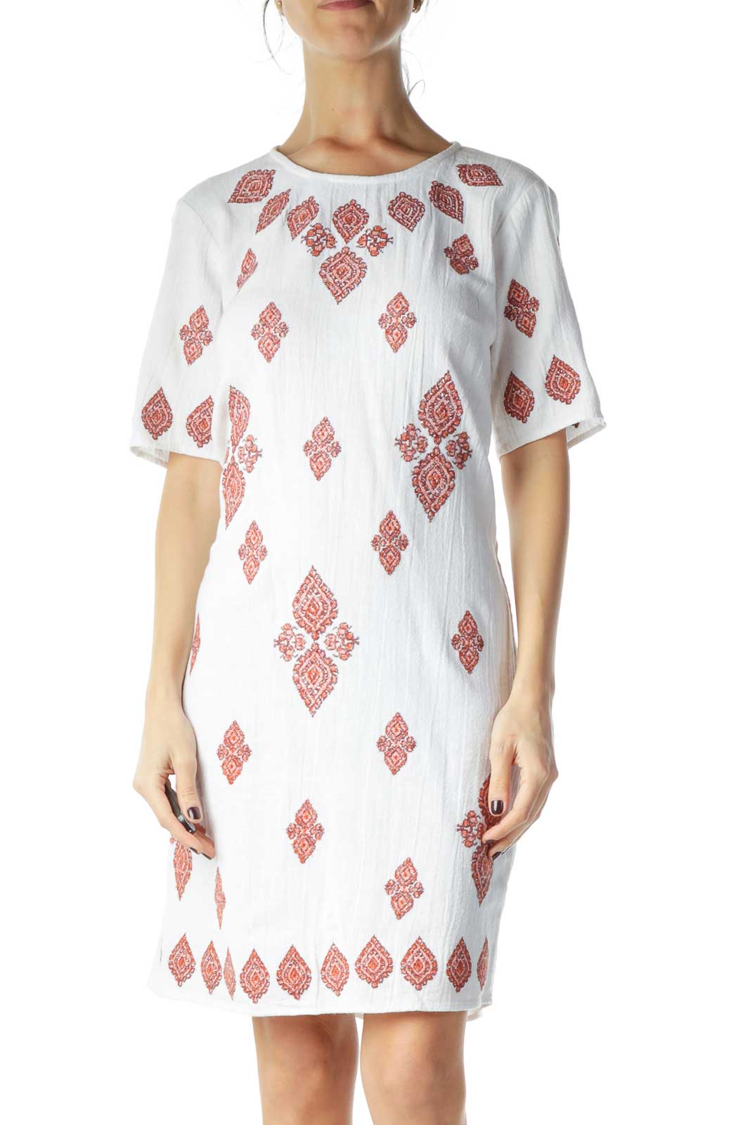 White Red Embroidered Cotton Dress