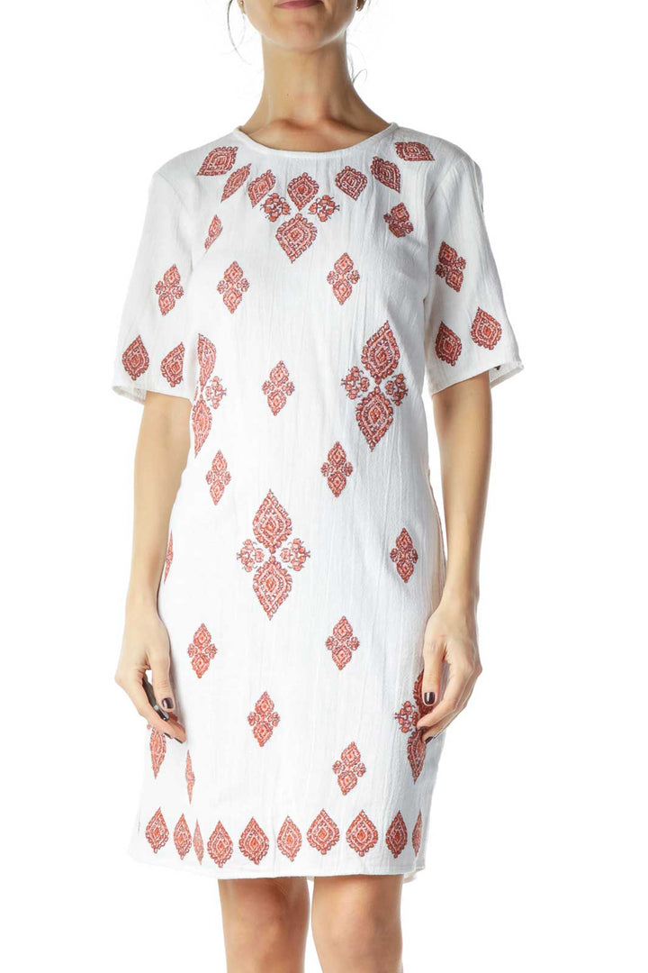 White Red Embroidered Cotton Dress