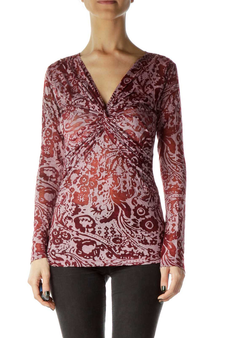 Red Sheer Printed Long Sleeve top