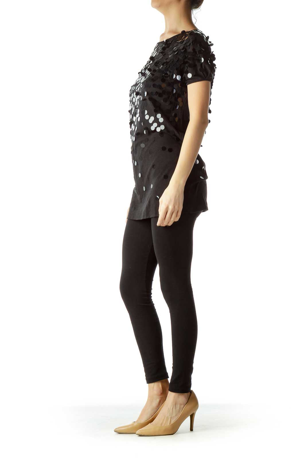 Black Sequined Loose Short-Sleeve Top