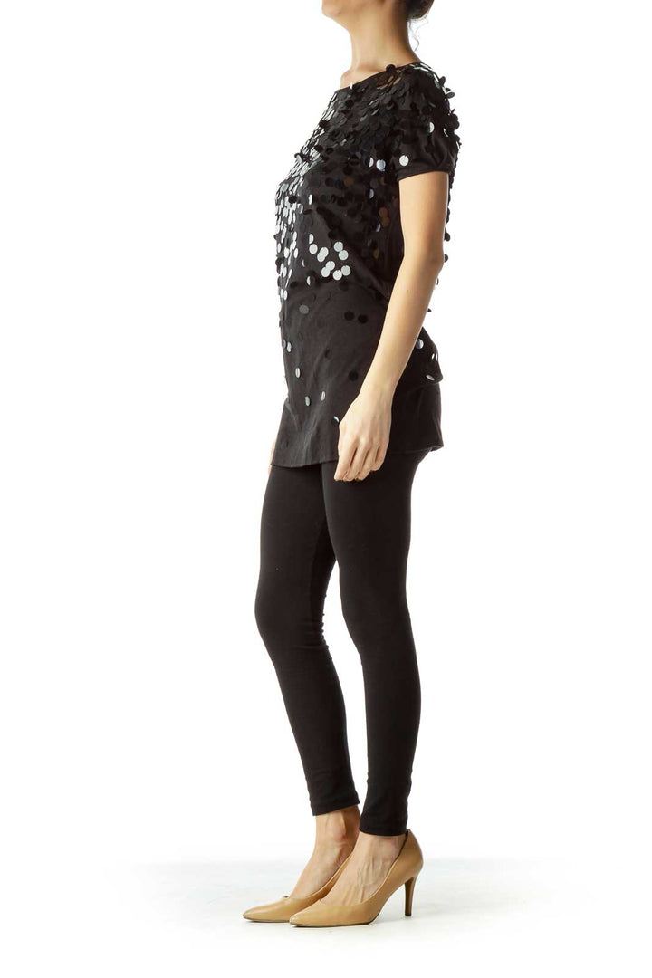 Black Sequined Loose Short-Sleeve Top