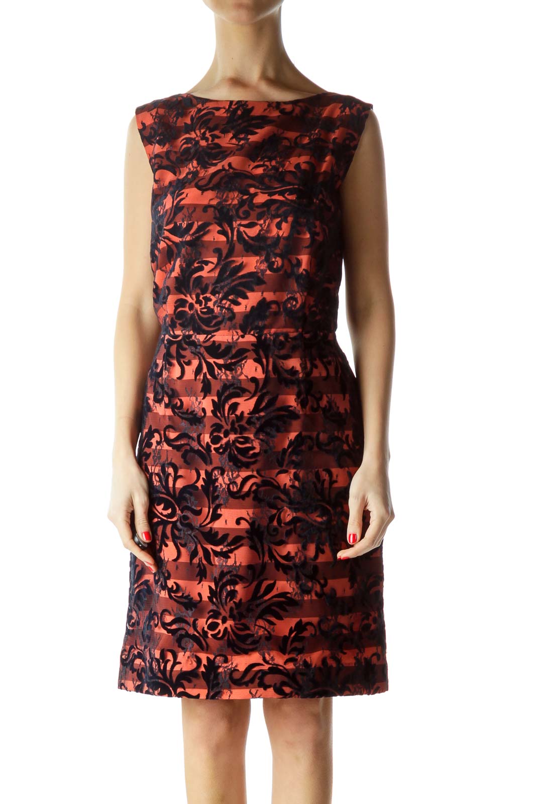 Orange Lace Velvet Embroidered Cocktail Dress