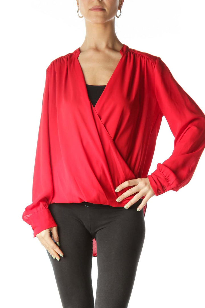 Red Sheer Draped Long Sleeve Blouse