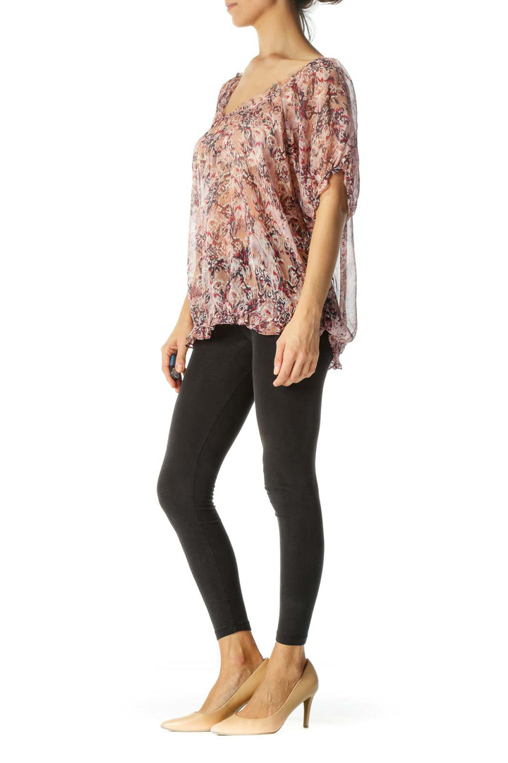 Pink Navy & Red 100% Silk Raw-Hem Pouf-Sleeve Blouse
