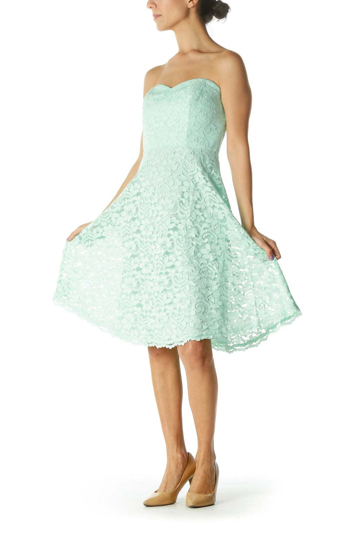 Mint Lace Floral Print Strapless Dress