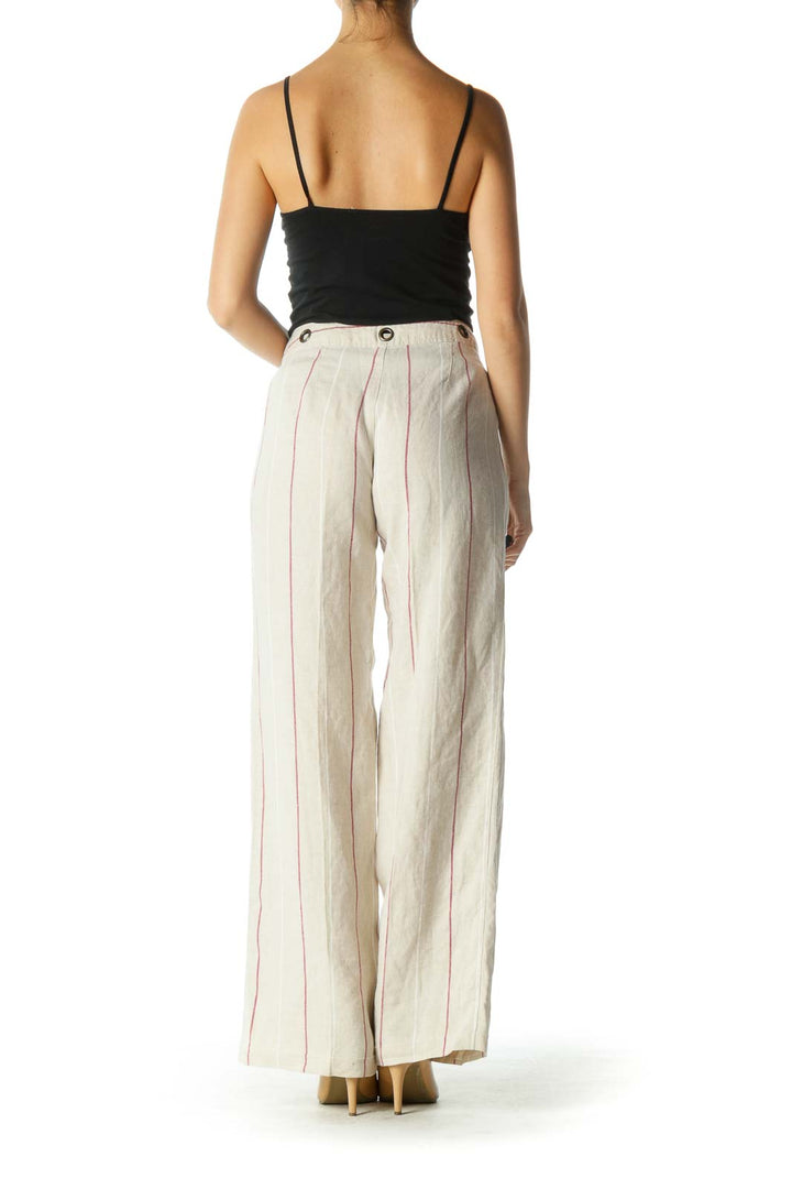 Cream and Burgundy Striped Wide Leg Pants