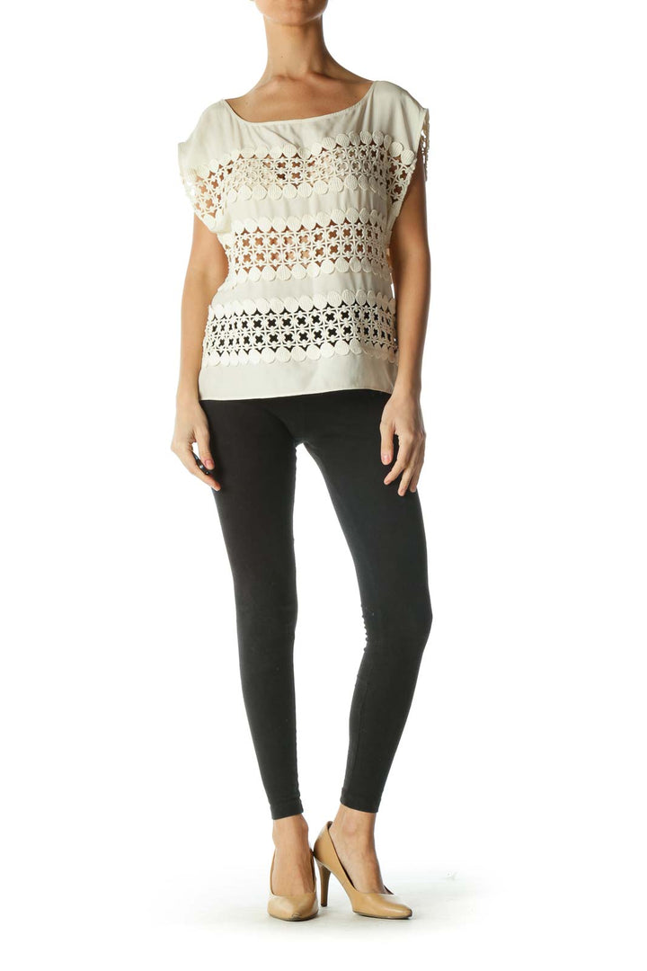 Cream Silk Cotton Knit See-Through Top