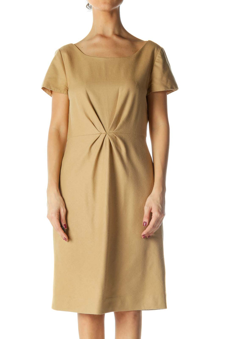 Beige Pleated Cap Sleeve Round Neck Work Dress