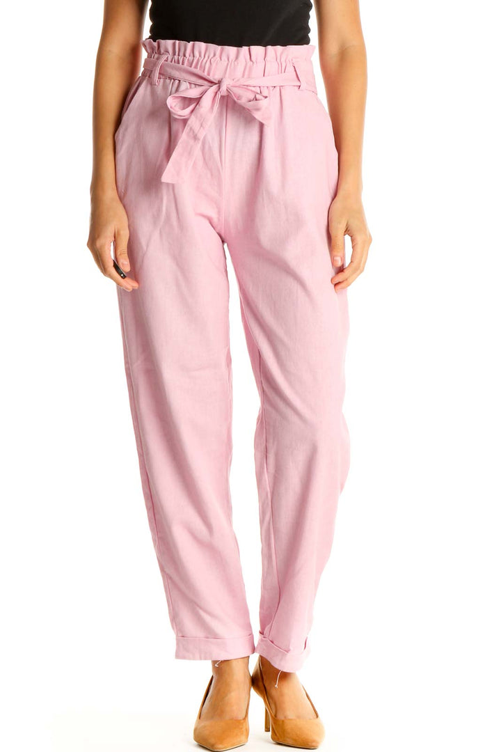 Pink Casual Tie Waist Pants