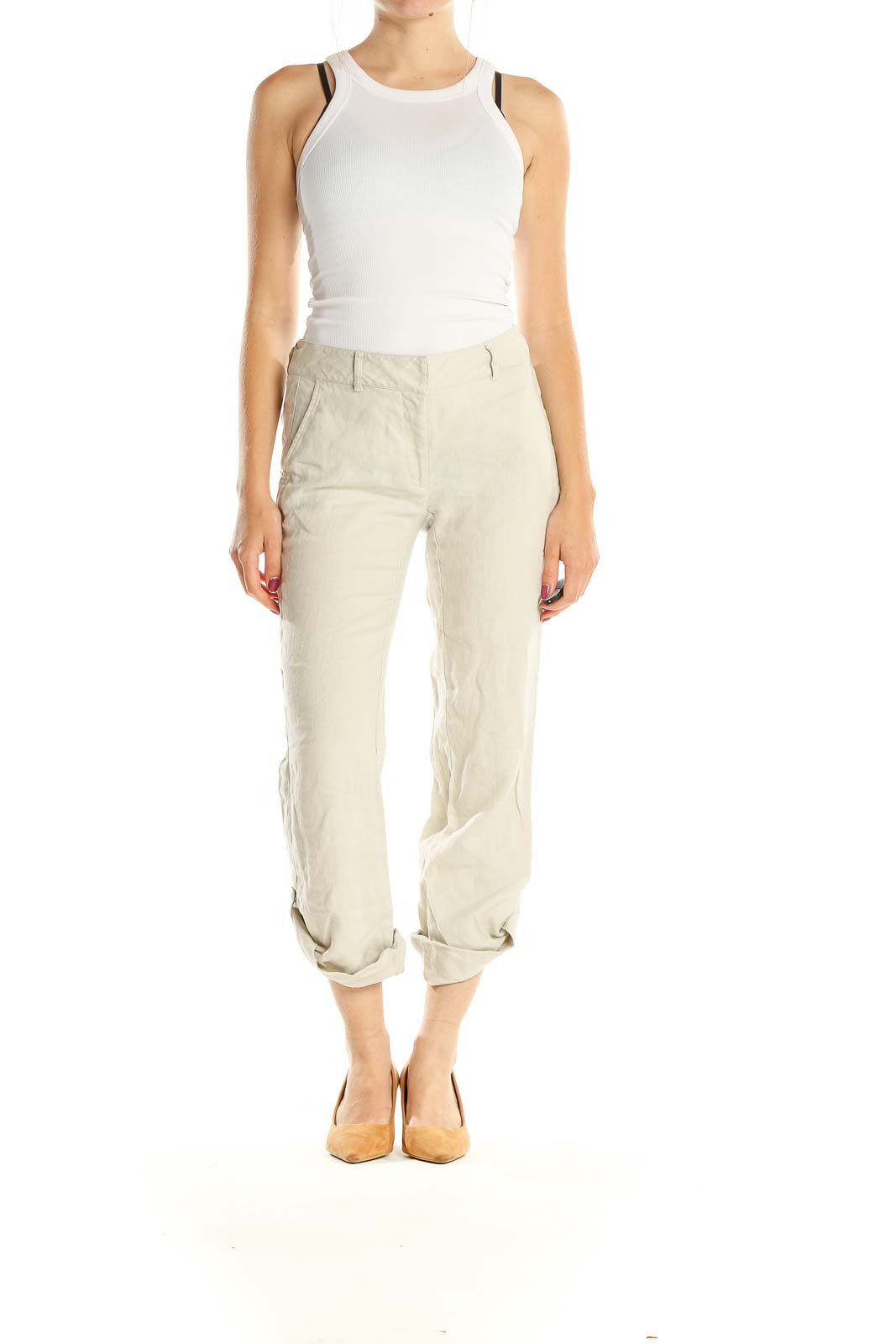 Beige Cropped Linen Khakis