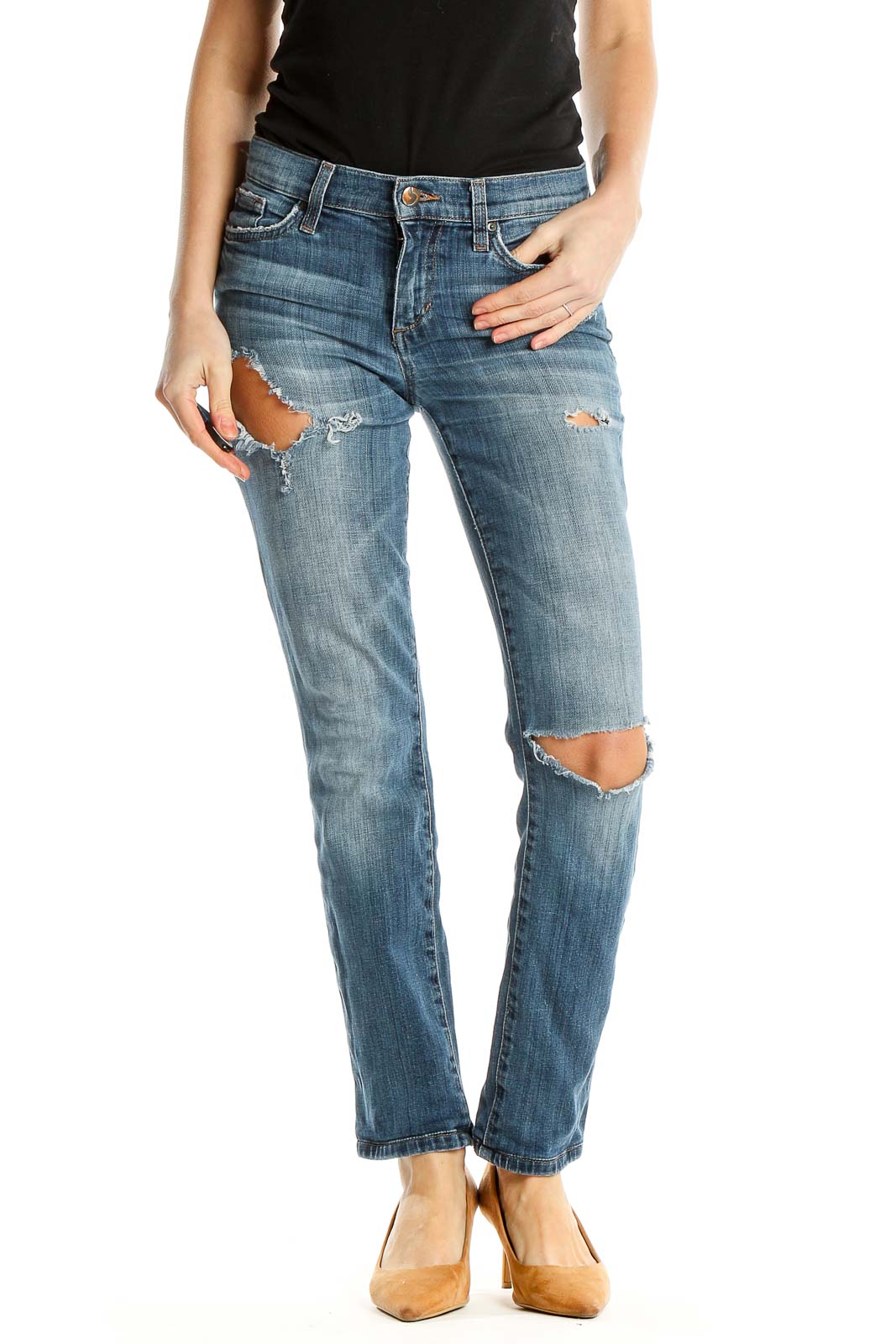 Side view of Joe's blue distressed straight leg jeans on model