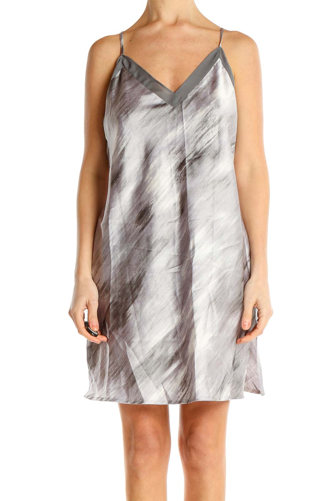 Front view of H by Halston gray abstract print slip dress with V-neckline