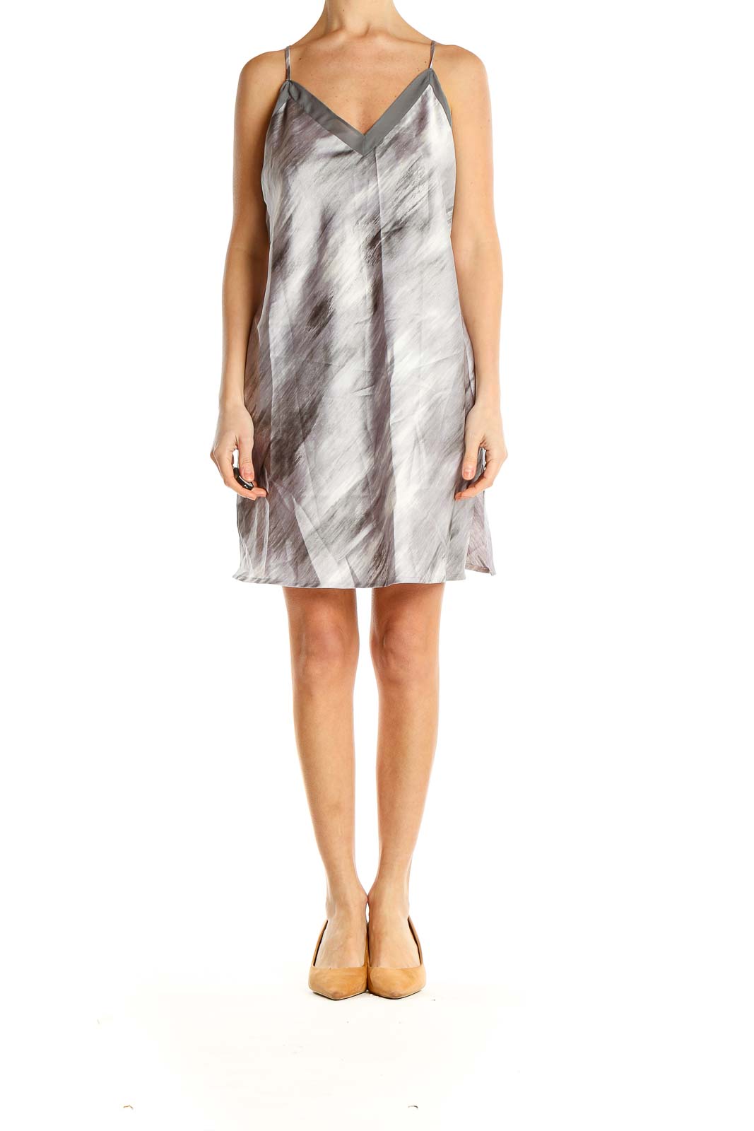 Front view of H by Halston gray abstract print slip dress with V-neckline