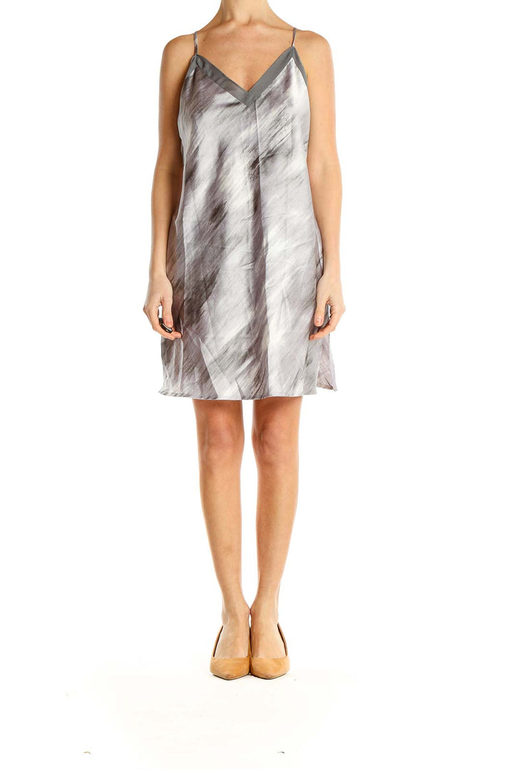 Front view of H by Halston gray abstract print slip dress with V-neckline