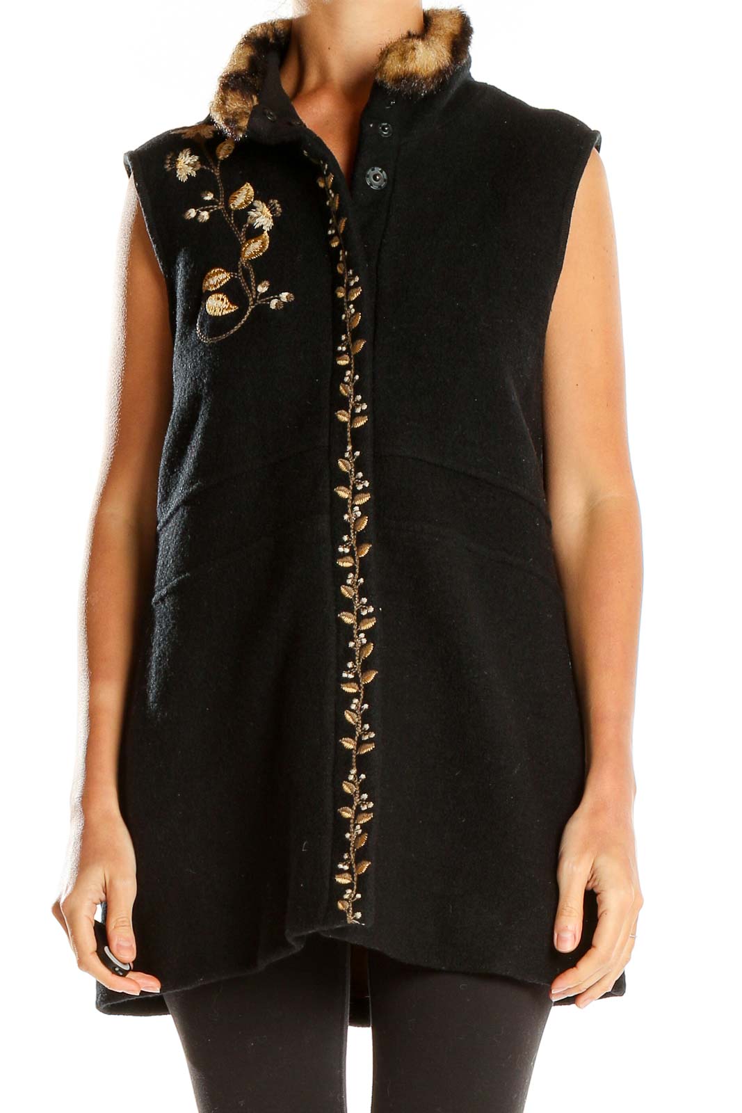 Front view of Icelandic Design black vest with golden embroidery and fur-trimmed collar