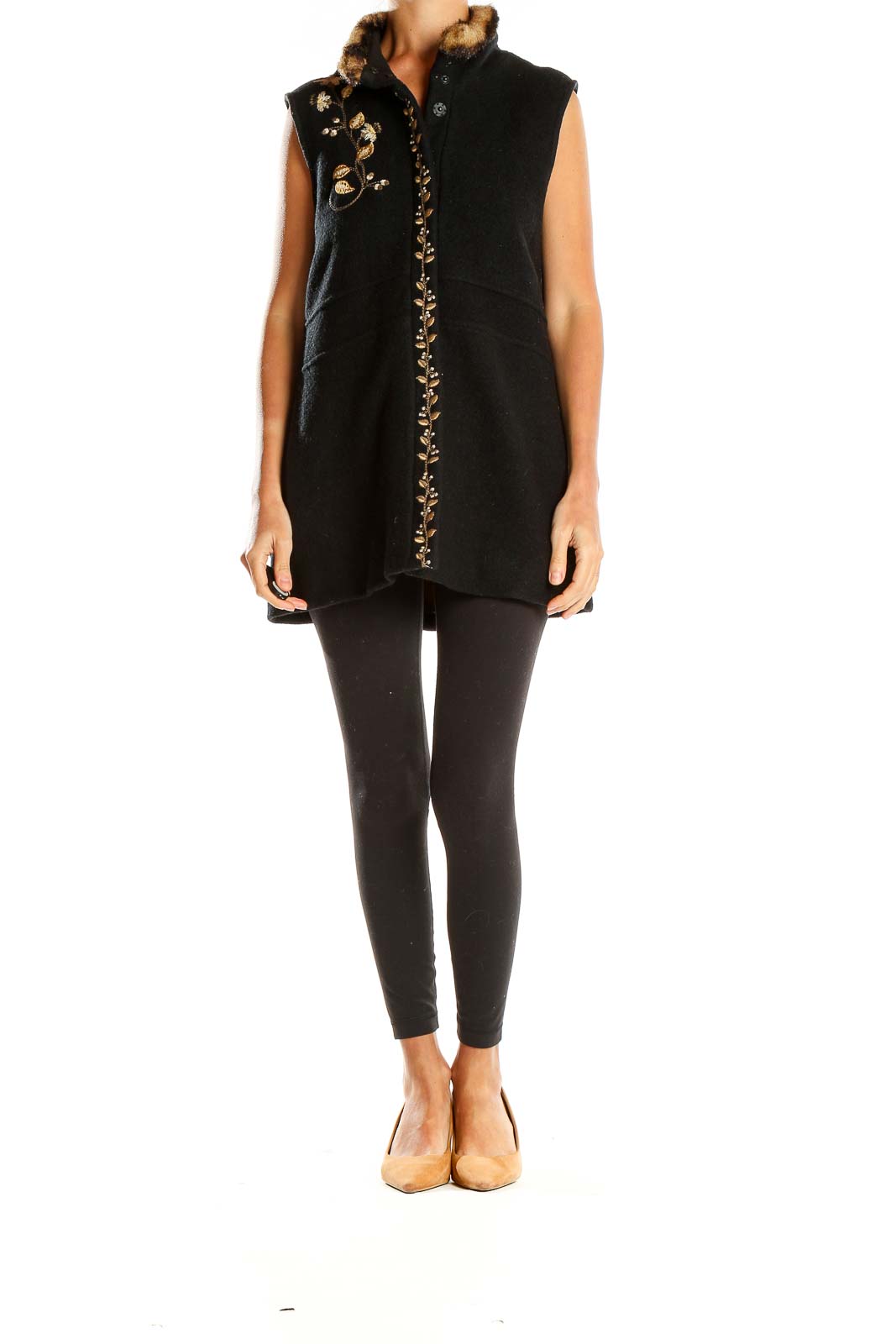 Front view of Icelandic Design black vest with golden embroidery and fur-trimmed collar